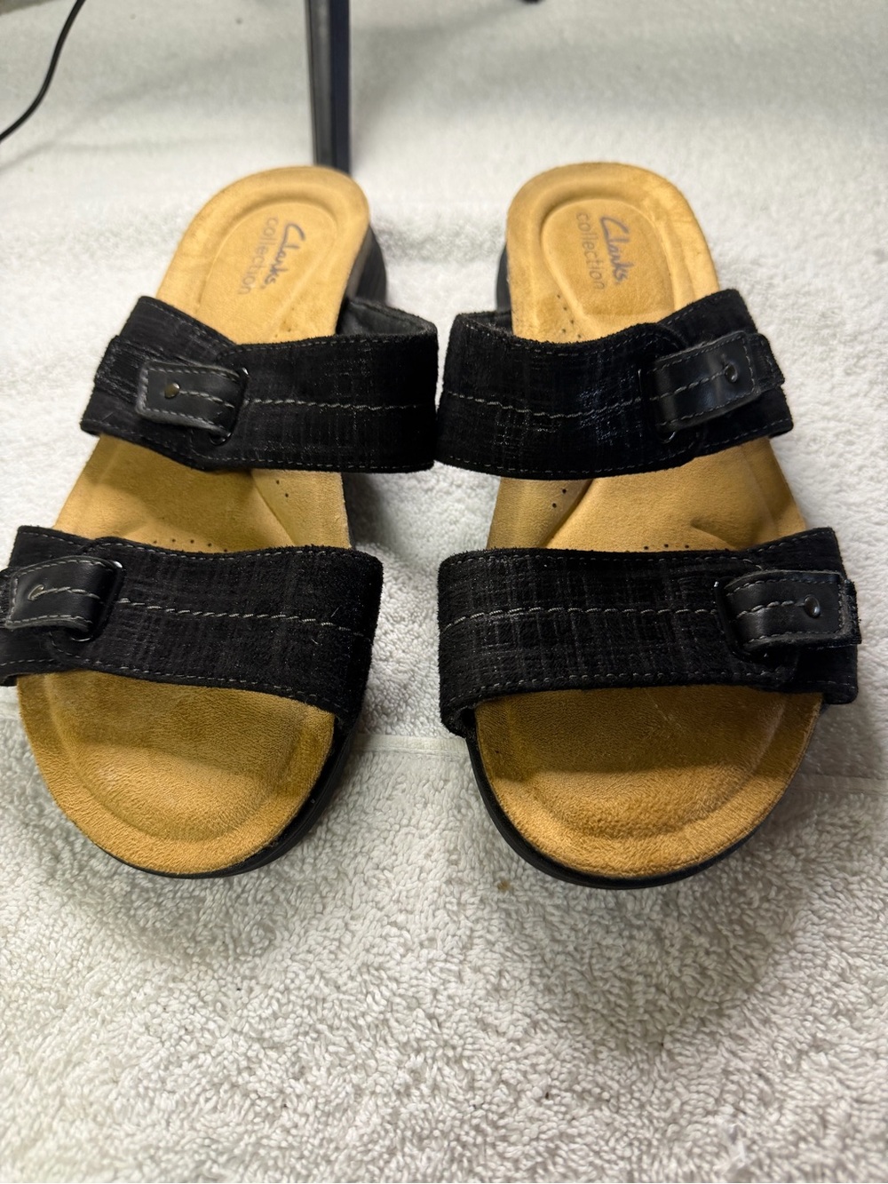 Clarks collection April dusk Black Double-Strap Slide with Tan Footbed Sz 8
